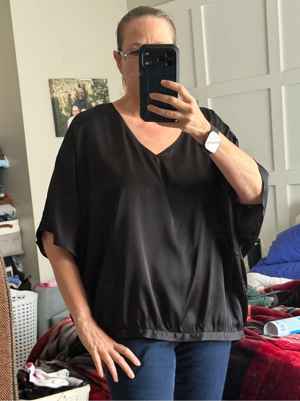 Chico's Black Satin V-Neck Dolman Sleeve Blouse